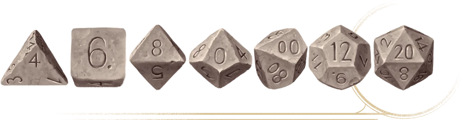Слева направо: D4, D6, D8, D10 (десять), D10 (сто), D12, D20.